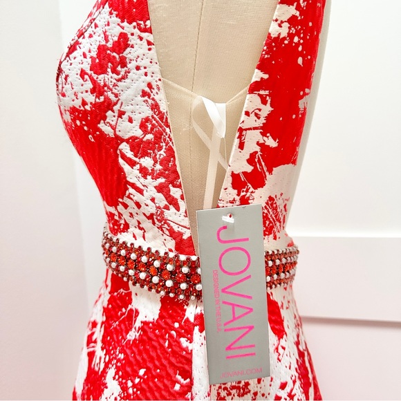 JOVANI Red and White Print Backless A-Line Evening Gown - Picture 14 of 16